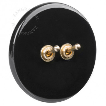 Double interrupteur simple allumage ou va et vient en porcelaine noire brillante - Zangra