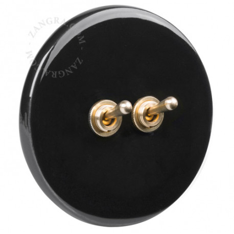 Double interrupteur simple allumage ou va et vient en porcelaine noire brillante - Zangra