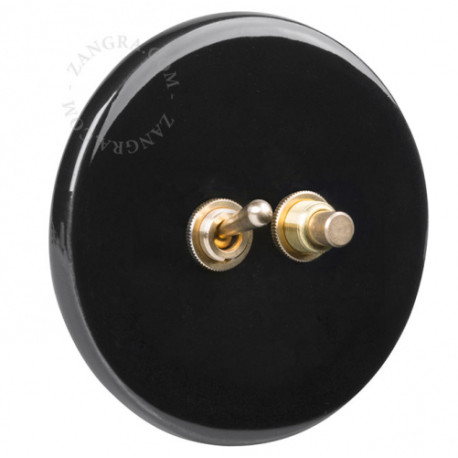Double Interrupteur / bouton poussoir à push en porcelaine noire brillante - Zangra