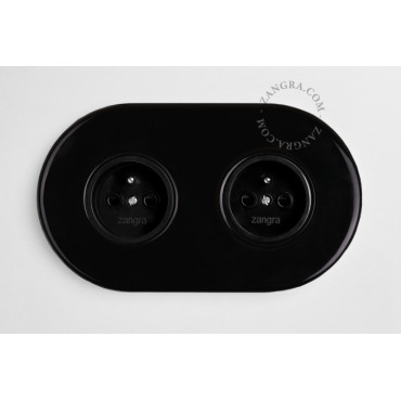 Double prise 2P+T en porcelaine noire brillante - Zangra