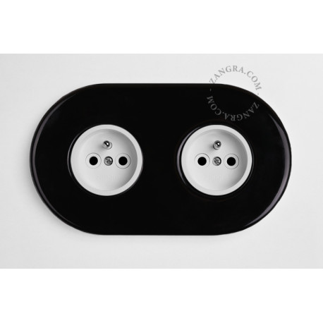 Double prise 2P+T en porcelaine noire brillante - Zangra
