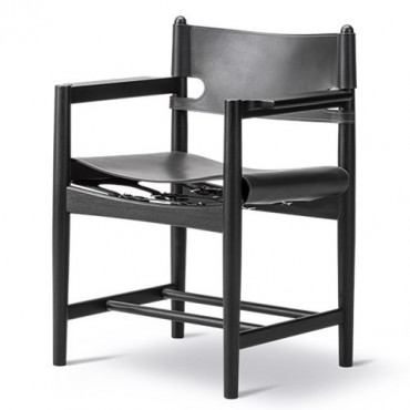 Chaise avec accoudoirs "The Spanish Dining Chair" Chêne laqué noir Cuir noir- Børge Mogensen - Fredericia Furniture