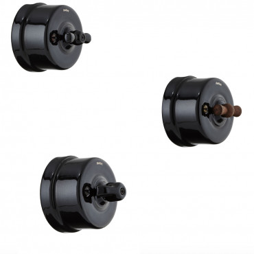 Interrupteur Rotatif "Garby" en porcelaine noire en saillie avec ou sans passe câble (Plusieurs options disponibles) - Fontini
