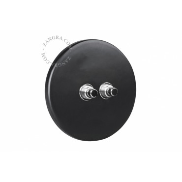Double bouton poussoir encastrable en porcelaine noir mat levier chromé - Zangra